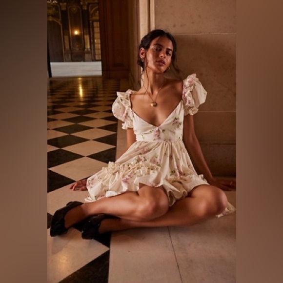 NEW Selkie Summer Home Girls Night Out Mini Ruffle Dress Pink Cream Floral | XS - Picture 4 of 15